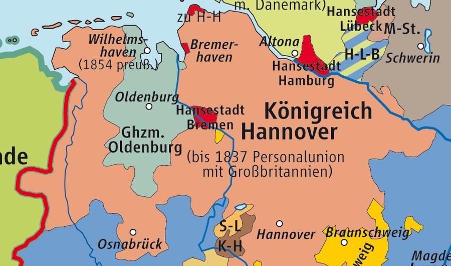 Karte vom Königreich Hannover.  Quelle: Putzger – Historischer Weltatlas, 89. Auflage, 1965
