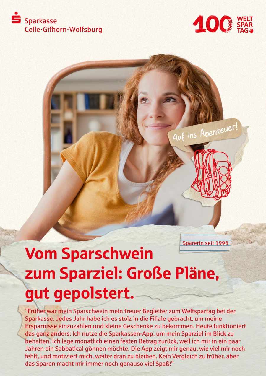 Poster mit Eindrücken zum Thema sparen. Quelle: Sparkasse Celle-Gifhorn-Wolfsburg