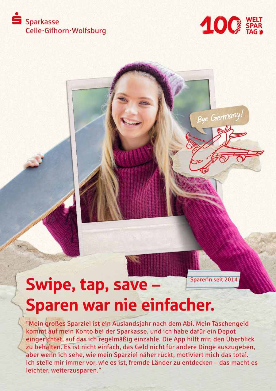 Poster mit Eindrücken zum Thema sparen. Quelle: Sparkasse Celle-Gifhorn-Wolfsburg