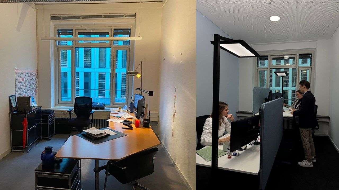 Vorher/nachher Vergleich eines umgebauten Büros im SVN. Quelle: SVN